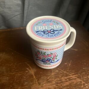 Vintage Giftco Inc Coffee Mug Cup Pink  Flowers/Hearts w/ Blue Bow & Lid! VG